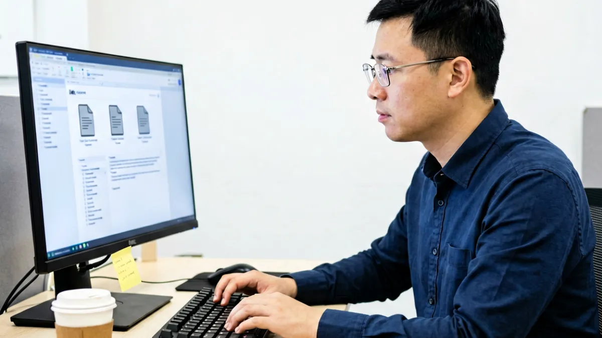 客服人员通过电脑处理抖阴下载用户反馈邮件，桌面整洁，显示器上可见邮件界面