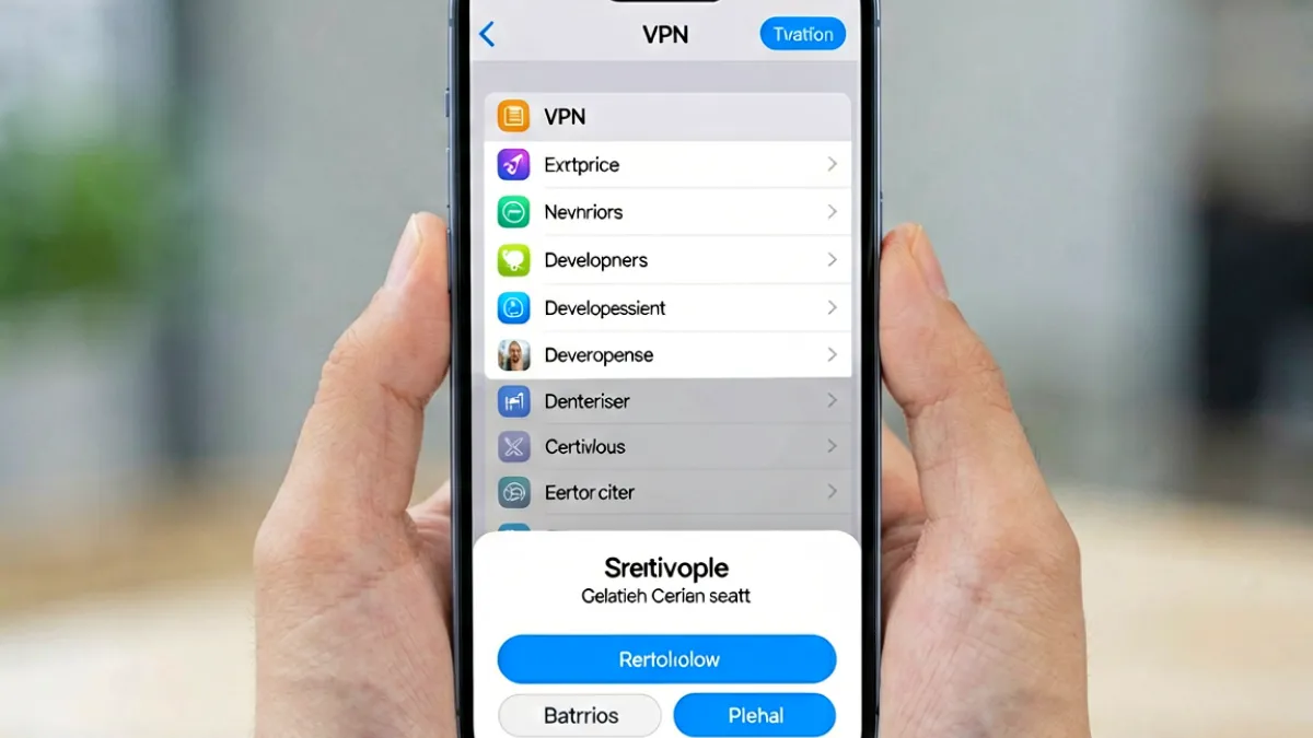 抖阴下载 - iPhone设置页面通用描述文件与设备管理界面，展示信任开发者证书的操作路径和确认弹窗
