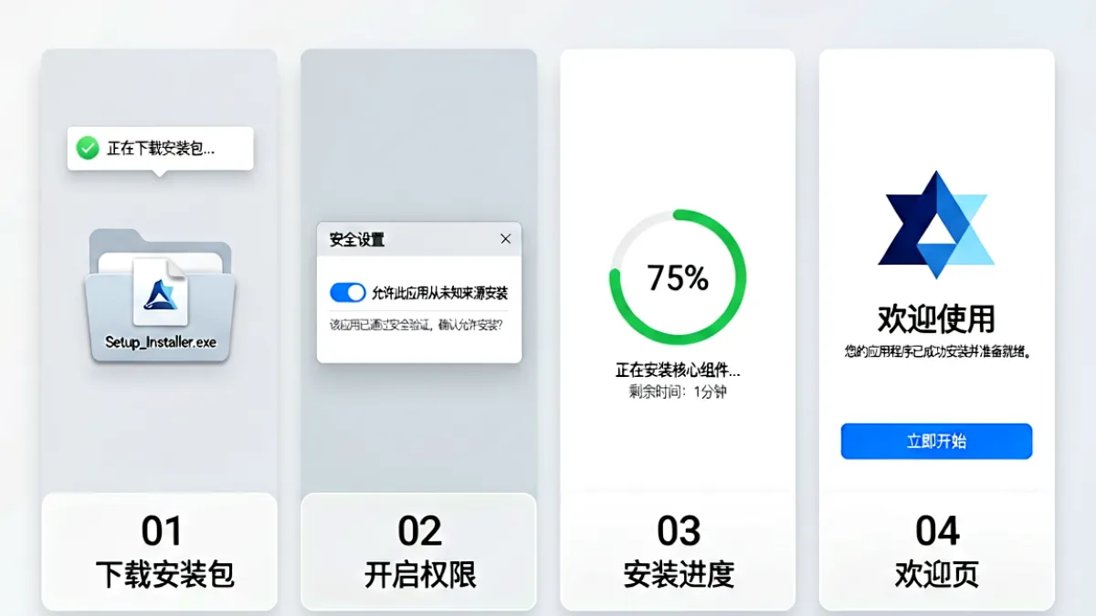 抖阴下载安装全流程示意图，从安装包获取到权限设置再到首次启动的四个步骤图解