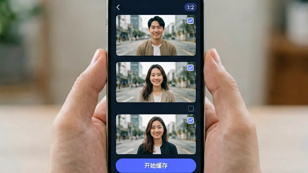抖阴下载离线缓存功能界面截图，展示用户批量选择视频进行本地缓存的操作流程